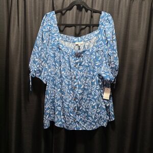 Angels Forever Young Womens 3X Blue Floral Button Front Square Neck Puff Blouse